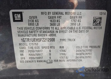 2015 GMC Sierra 1500 Sle from USA, damaged, VIN 1GTR1UEH5FZ212908